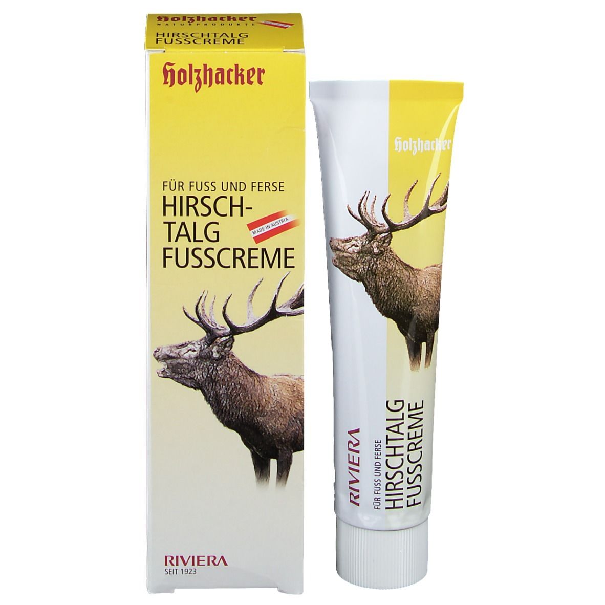 Tube de crème et boîte. Texte: holzhacker, Hirschtalg Fußcreme. Illustration: cerf. Blanc-jaune.