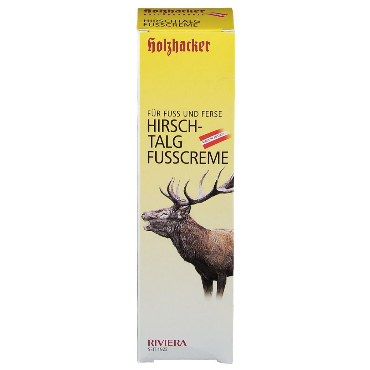 Boîte avec texte: holzhacker, Hirschtalg Fußcreme. Illustration: cerf. Blanc-jaune.