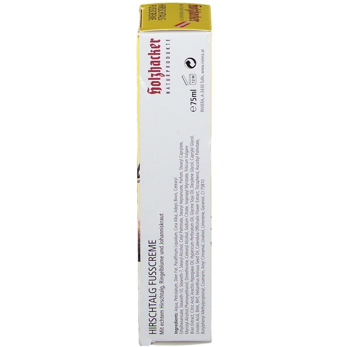 Côté de la boîte avec texte: Hirschtalg Fußcreme, ingrédients. Blanc-jaune.