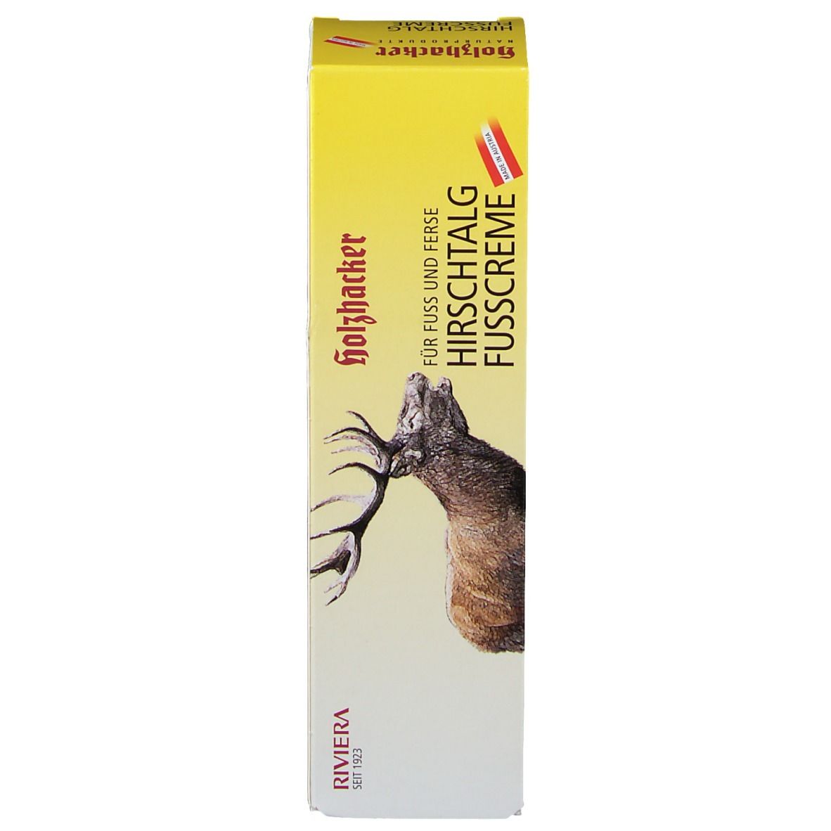 Boîte avec texte: holzhacker, Hirschtalg Fußcreme. Illustration: cerf. Blanc-jaune.