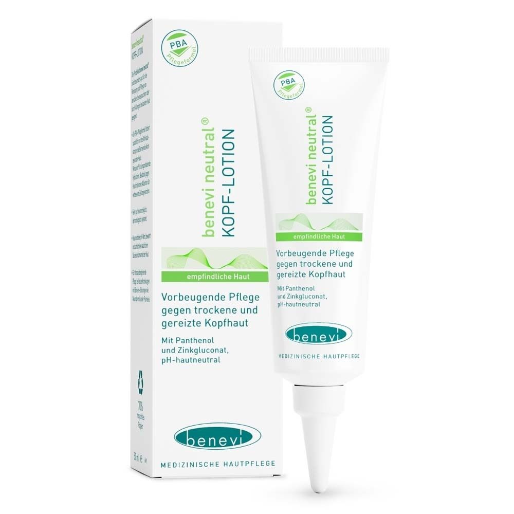 Tube de lotion pour le cuir chevelu benevi neutral, 75ml. Pour cuir chevelu sensible, sec et irrité. Contient du panthénol et du gluconate de zinc.