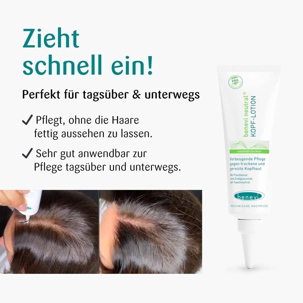 Tube de lotion pour cuir chevelu Benevi Neutral, application sur le cuir chevelu.