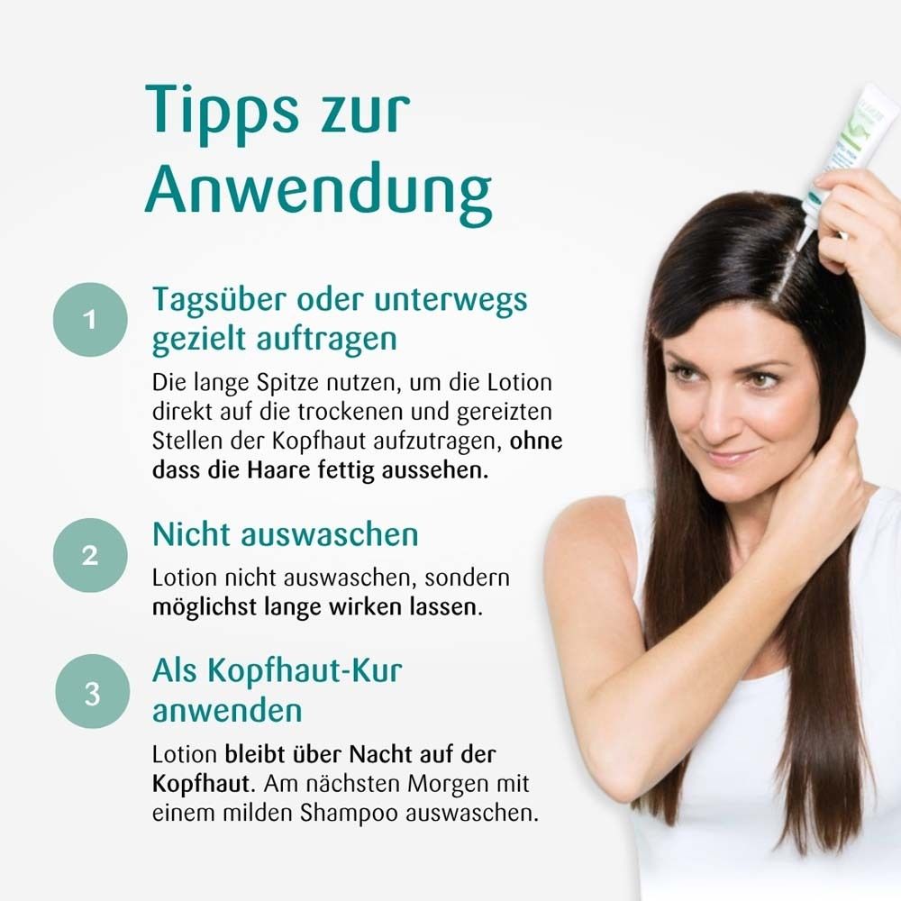 Une femme applique une lotion sur son cuir chevelu avec un applicateur. Instructions en trois étapes.