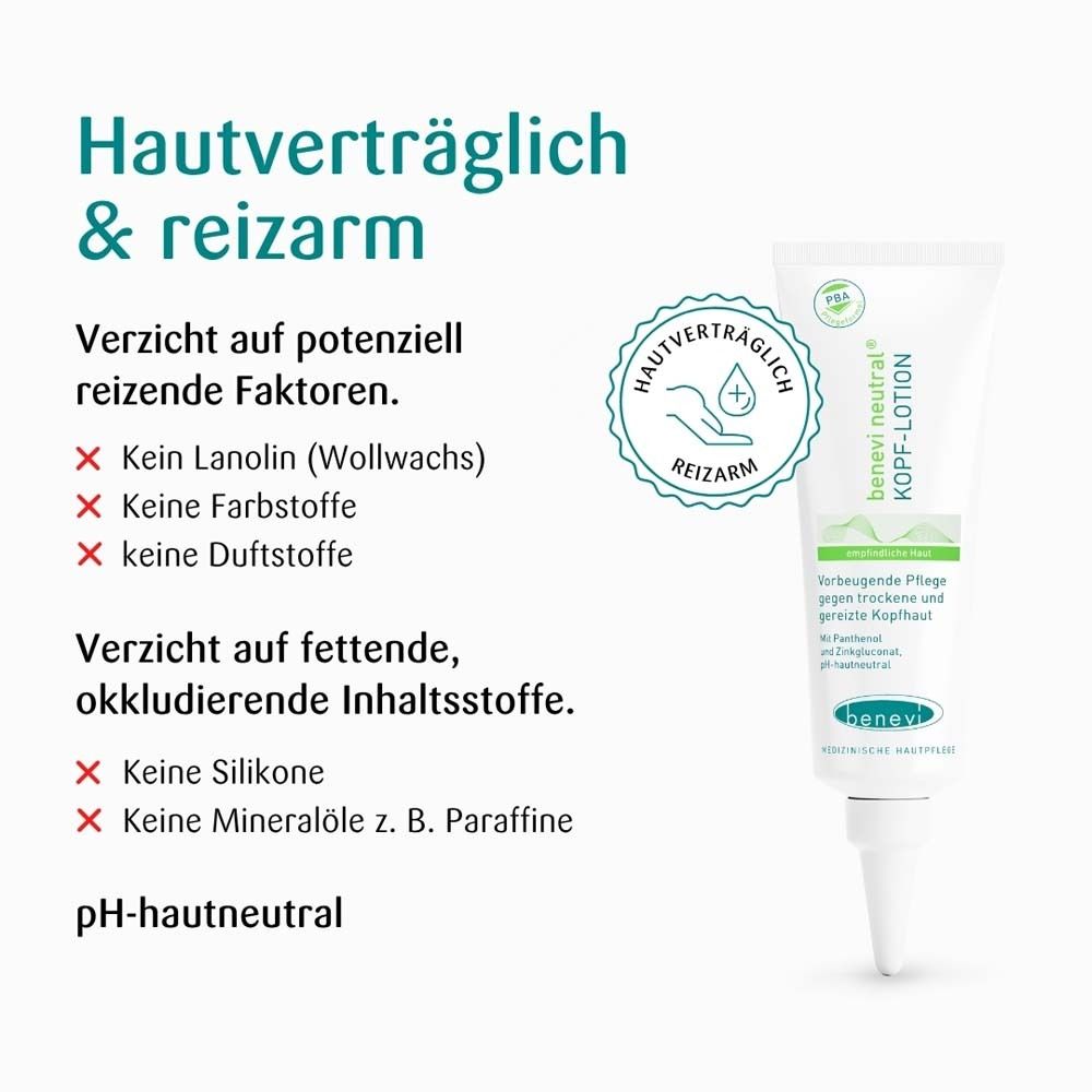 Tube de lotion pour le cuir chevelu benevi neutral, hypoallergénique et non irritante.
