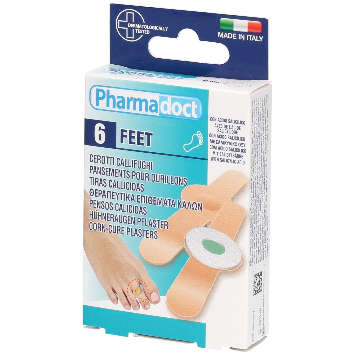 Boîte de Pharmadoct Feet, 6 pansements pour cors. Inscription : Testé dermatologiquement, Fabriqué en Italie. Vue de face.