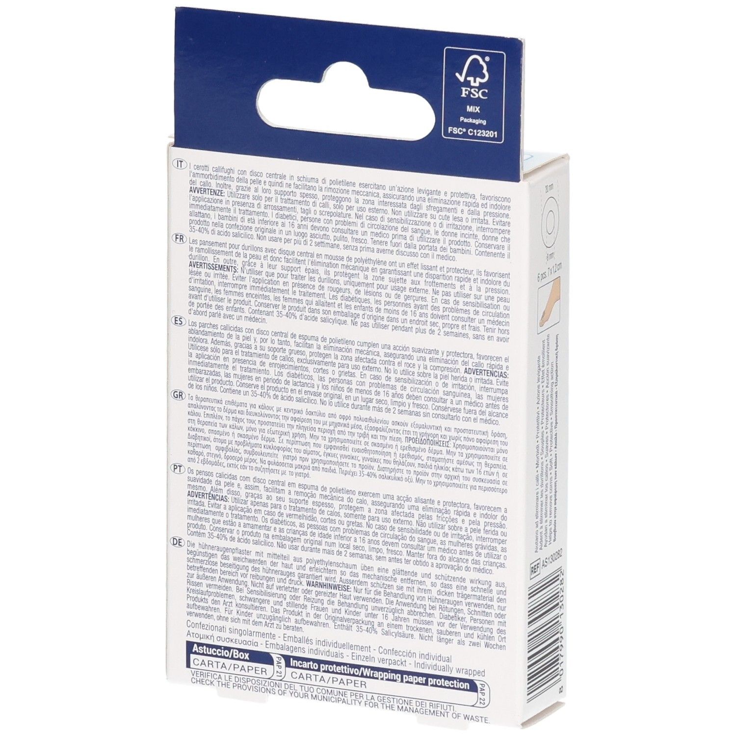 Dos de la boîte Pharmadoct Feet. Texte multilingue. Logo FSC. Informations sur l'élimination des déchets.