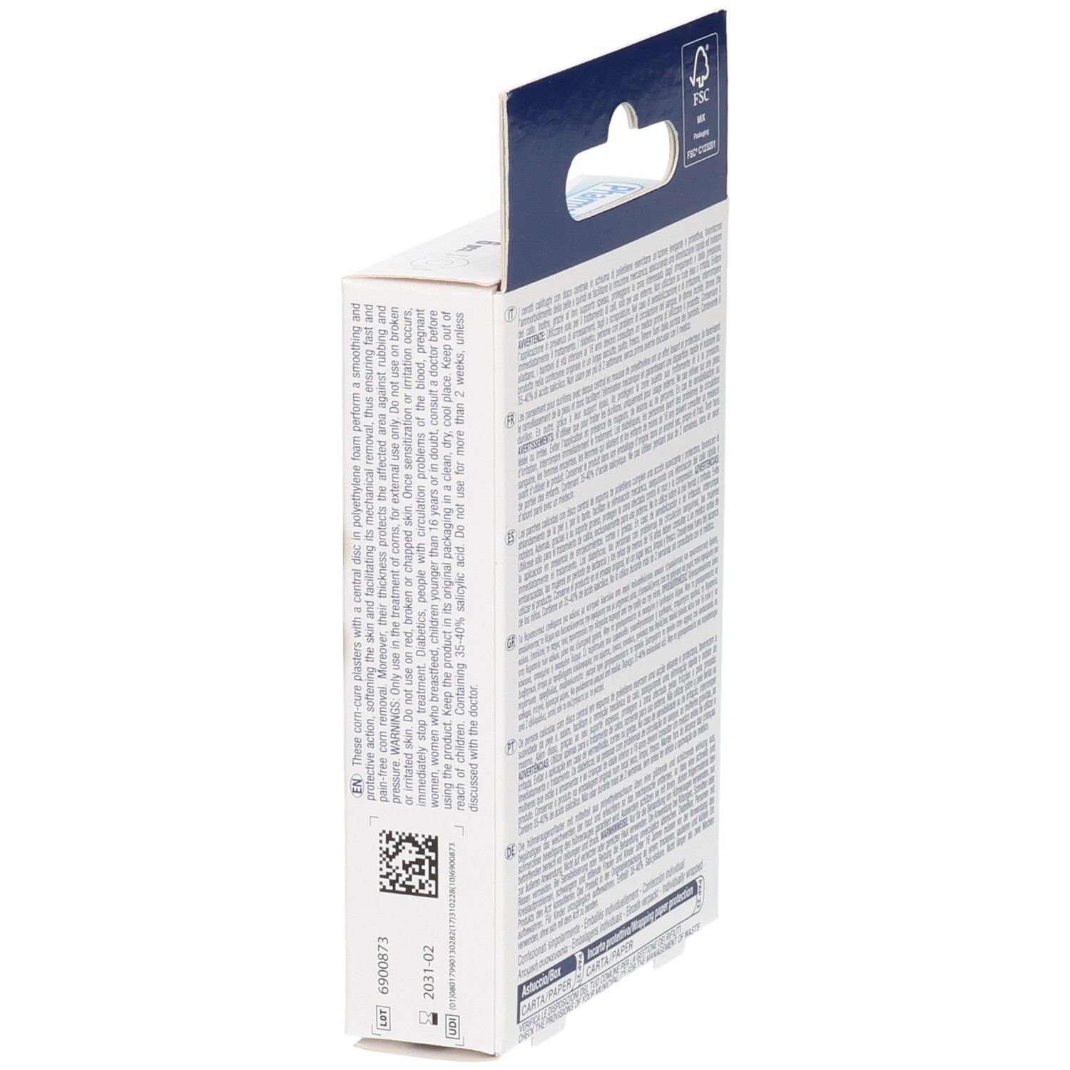 Vue latérale de la boîte Pharmadoct Feet. Texte multilingue. Code QR et logo FSC.
