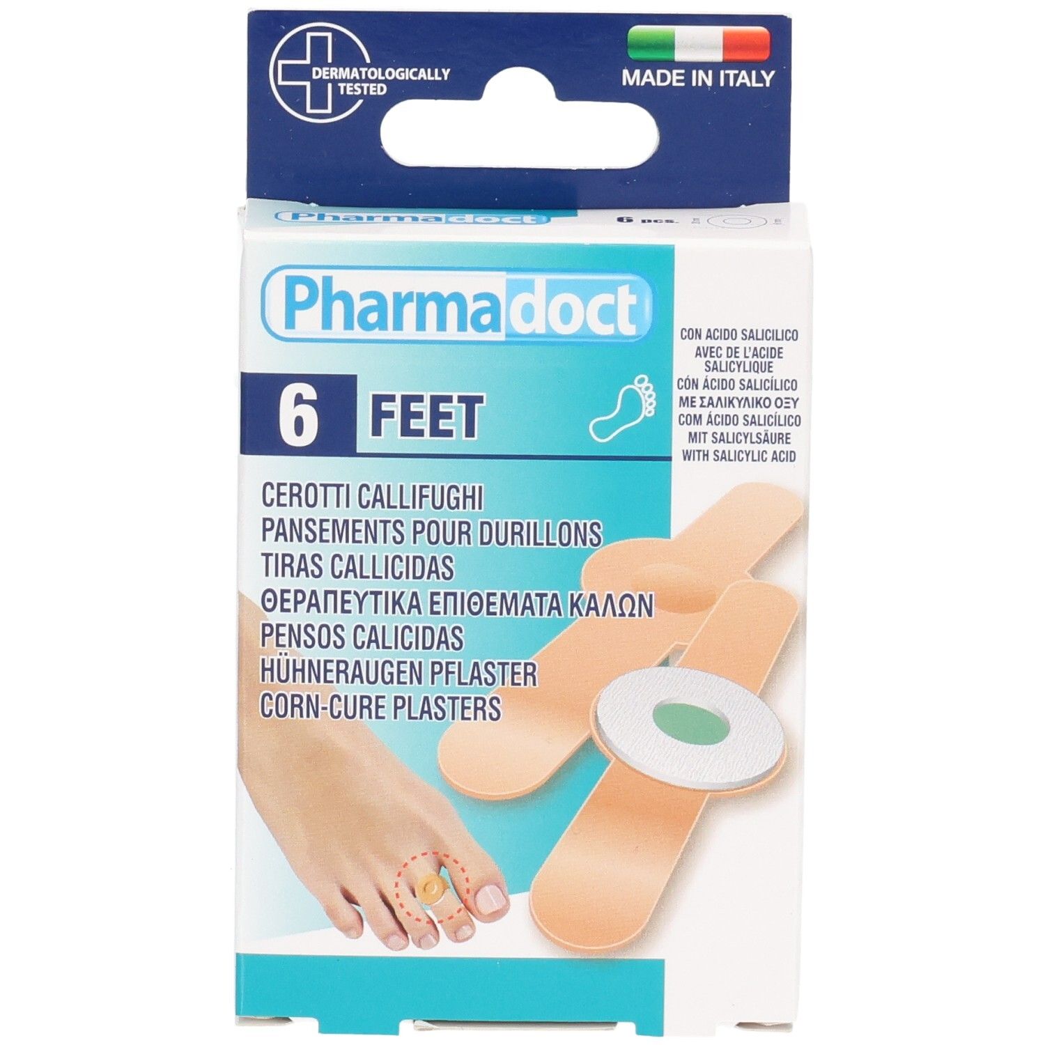 Boîte de Pharmadoct Feet, 6 pansements. Inscription : Testé dermatologiquement, Fabriqué en Italie. Couleur violette.