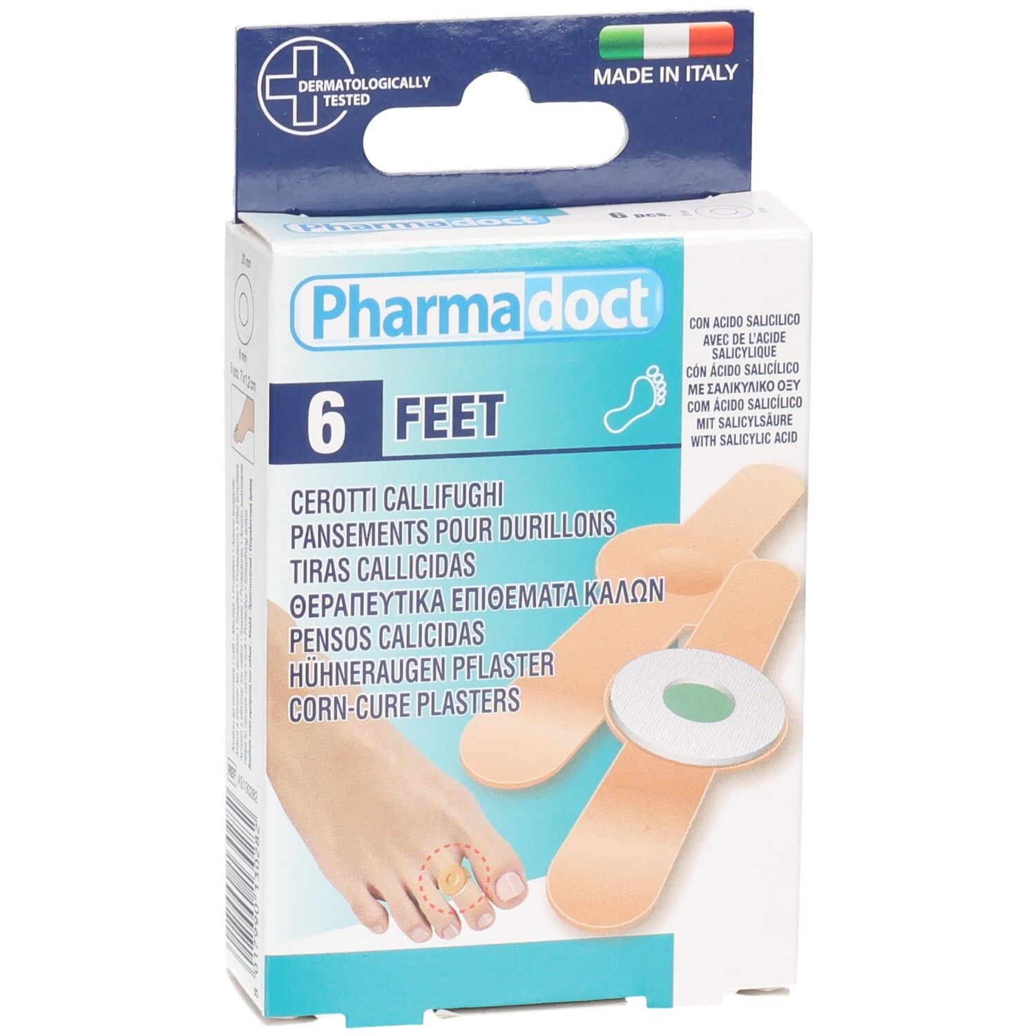 Boîte de Pharmadoct Feet, 6 pansements. Inscription : Testé dermatologiquement, Fabriqué en Italie. Illustration du produit.