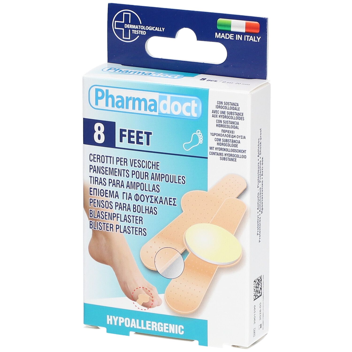 Boîte de 8 pansements pour ampoules. Contient de l'hydrocolloïde. Testé dermatologiquement, Fabriqué en Italie. Hypoallergénique.