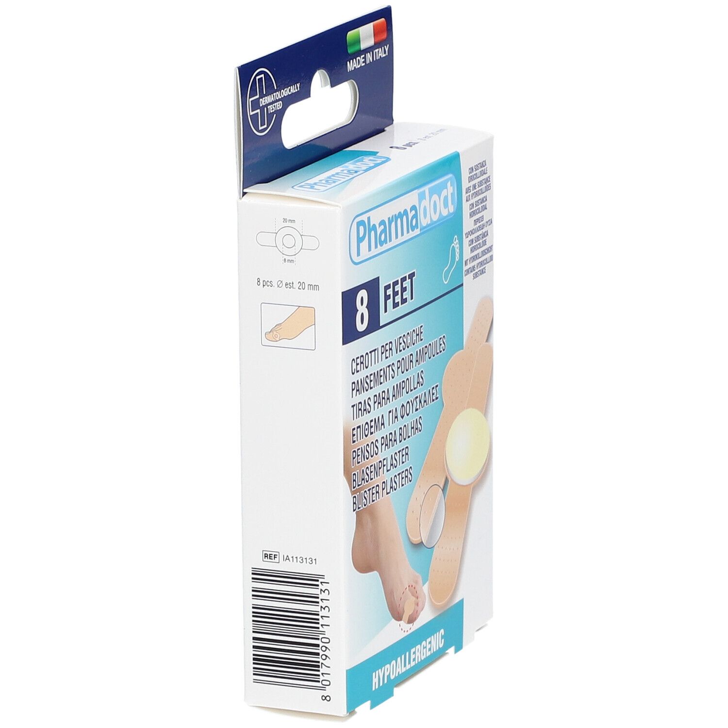 Boîte de 8 pansements pour ampoules. Contient de l'hydrocolloïde. Fabriqué en Italie. Code-barres et informations produit.