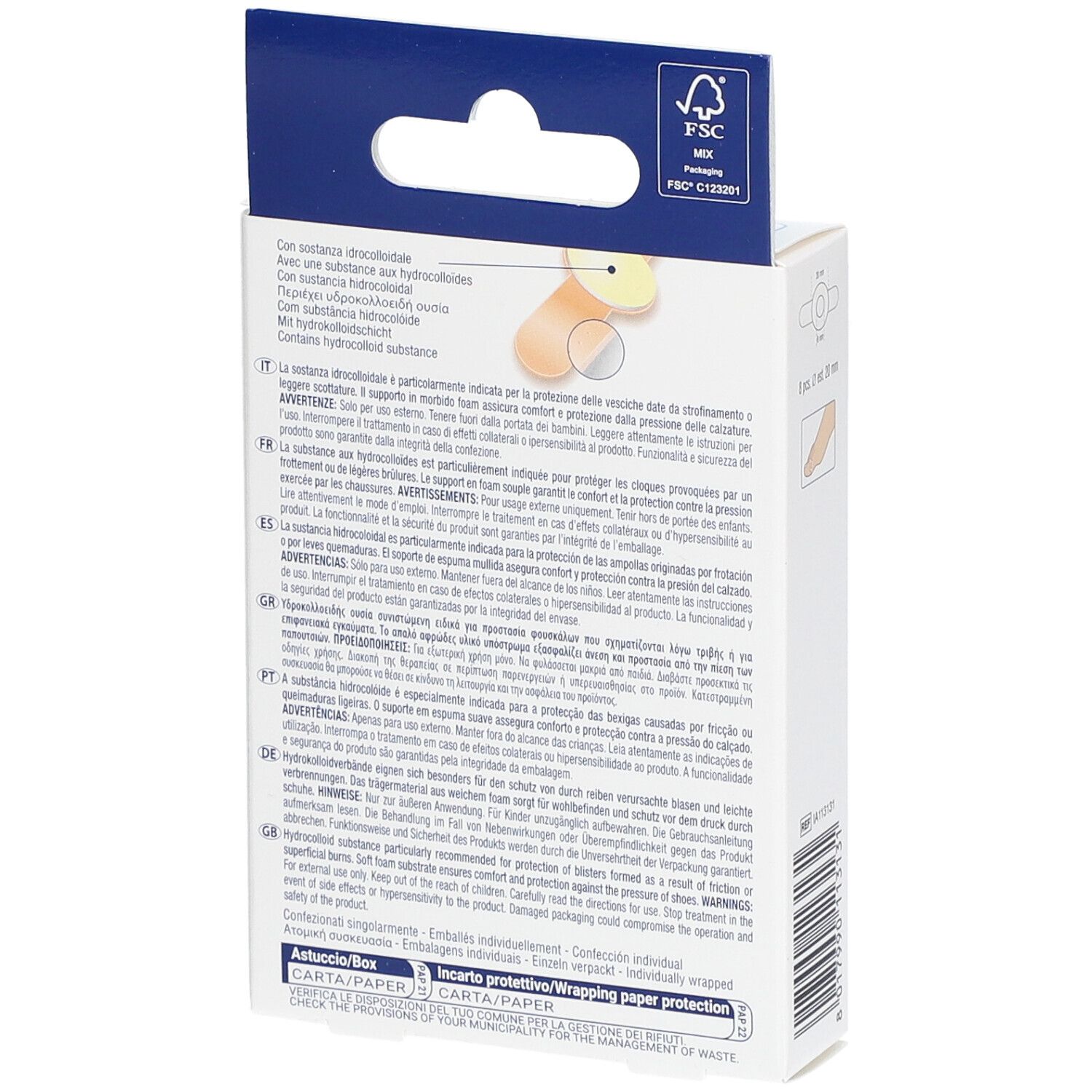 Dos de la boîte avec informations produit. Contient de l'hydrocolloïde. Certification FSC.
