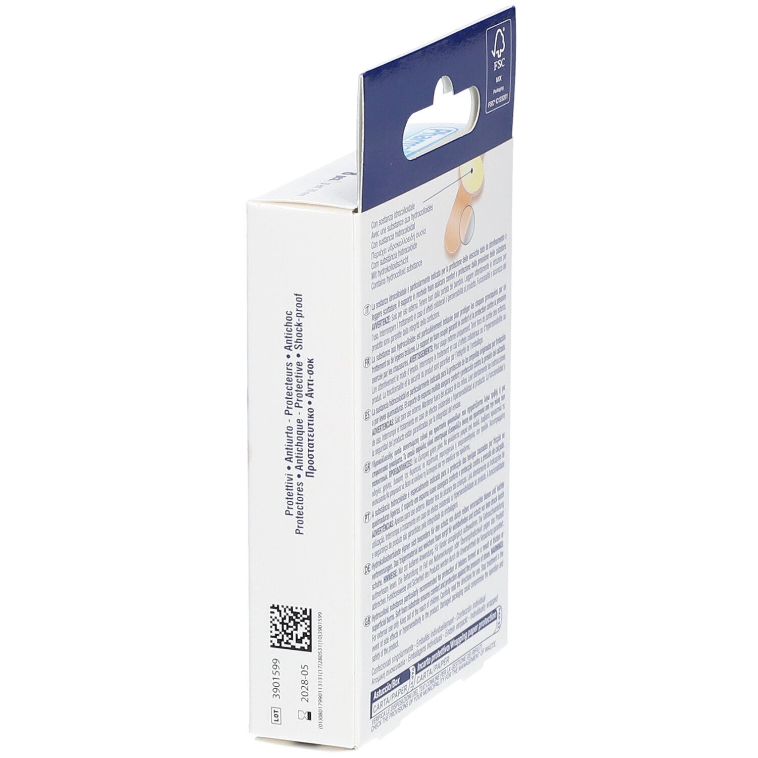 Vue latérale de la boîte. Informations produit et code-barres. Certification FSC.