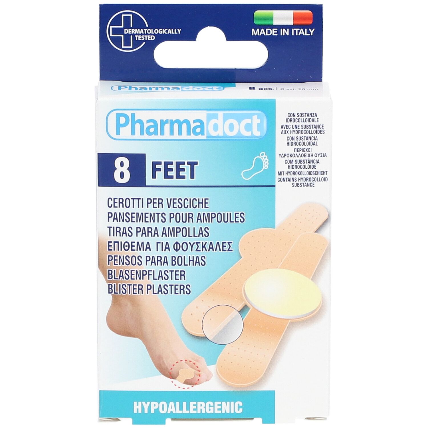 Boîte de 8 pansements pour ampoules. Contient de l'hydrocolloïde. Testé dermatologiquement, Fabriqué en Italie. Hypoallergénique.