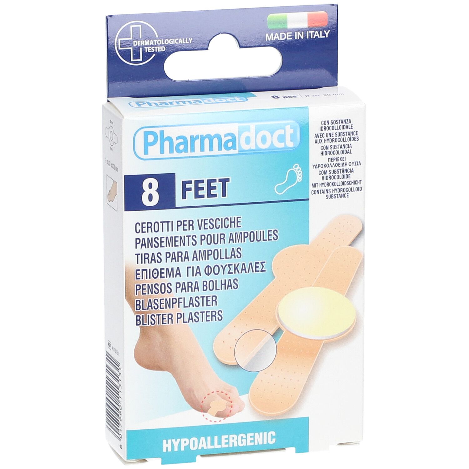 Boîte de 8 pansements pour ampoules. Contient de l'hydrocolloïde. Testé dermatologiquement, Fabriqué en Italie. Hypoallergénique.