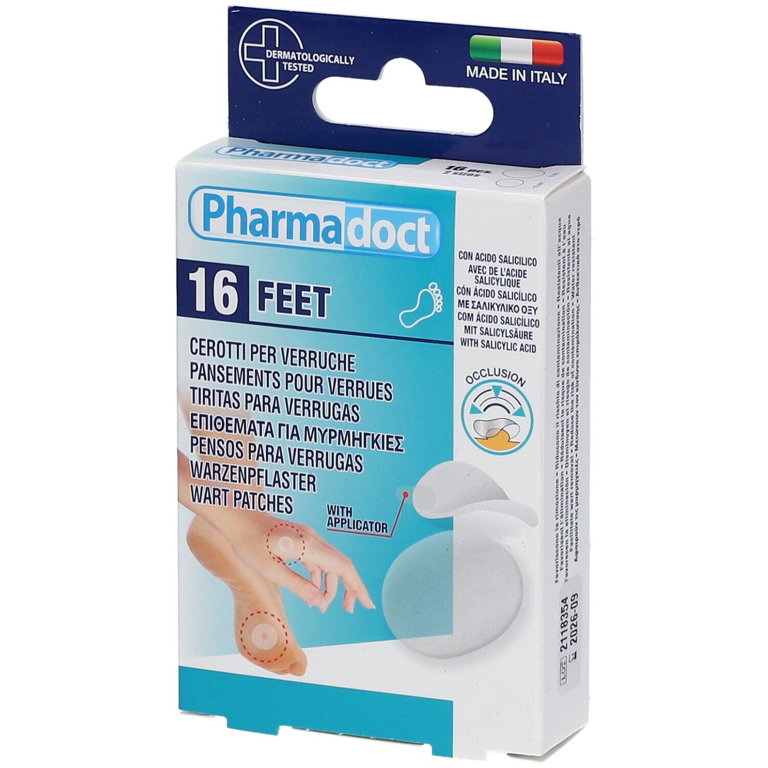 Boîte de Pharmadoct pour verrues. 16 pieds. Avec applicateur. Fabriqué en Italie.