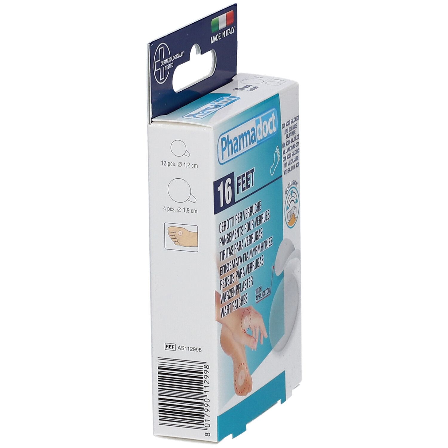 Vue latérale de la boîte de Pharmadoct pour verrues. 16 pieds. Avec indications de taille.