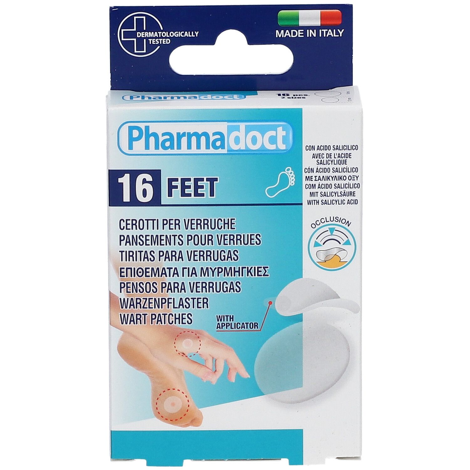 Vue de face de la boîte de Pharmadoct pour verrues. 16 pieds. Avec applicateur. Fabriqué en Italie.