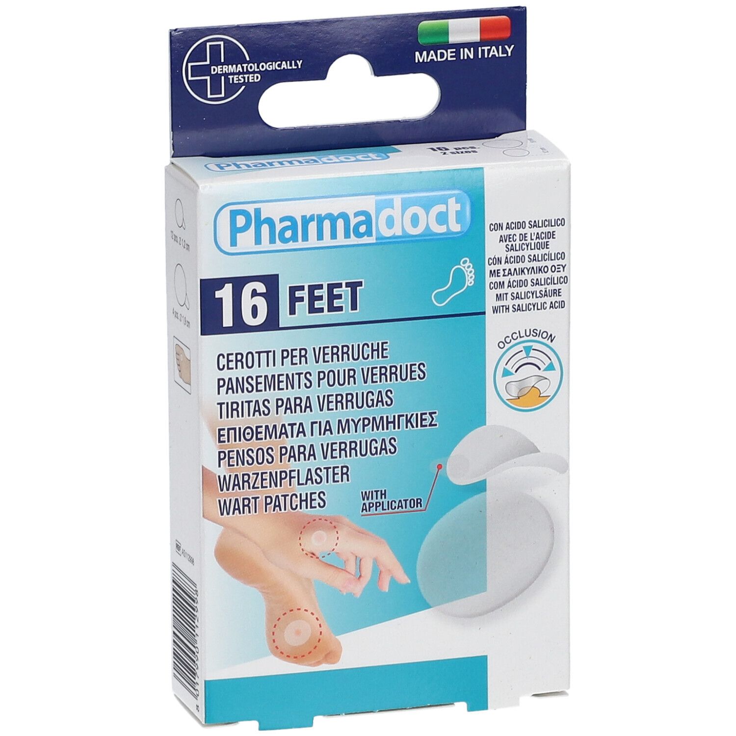 Vue de face de la boîte de Pharmadoct pour verrues. 16 pieds. Avec applicateur. Fabriqué en Italie.