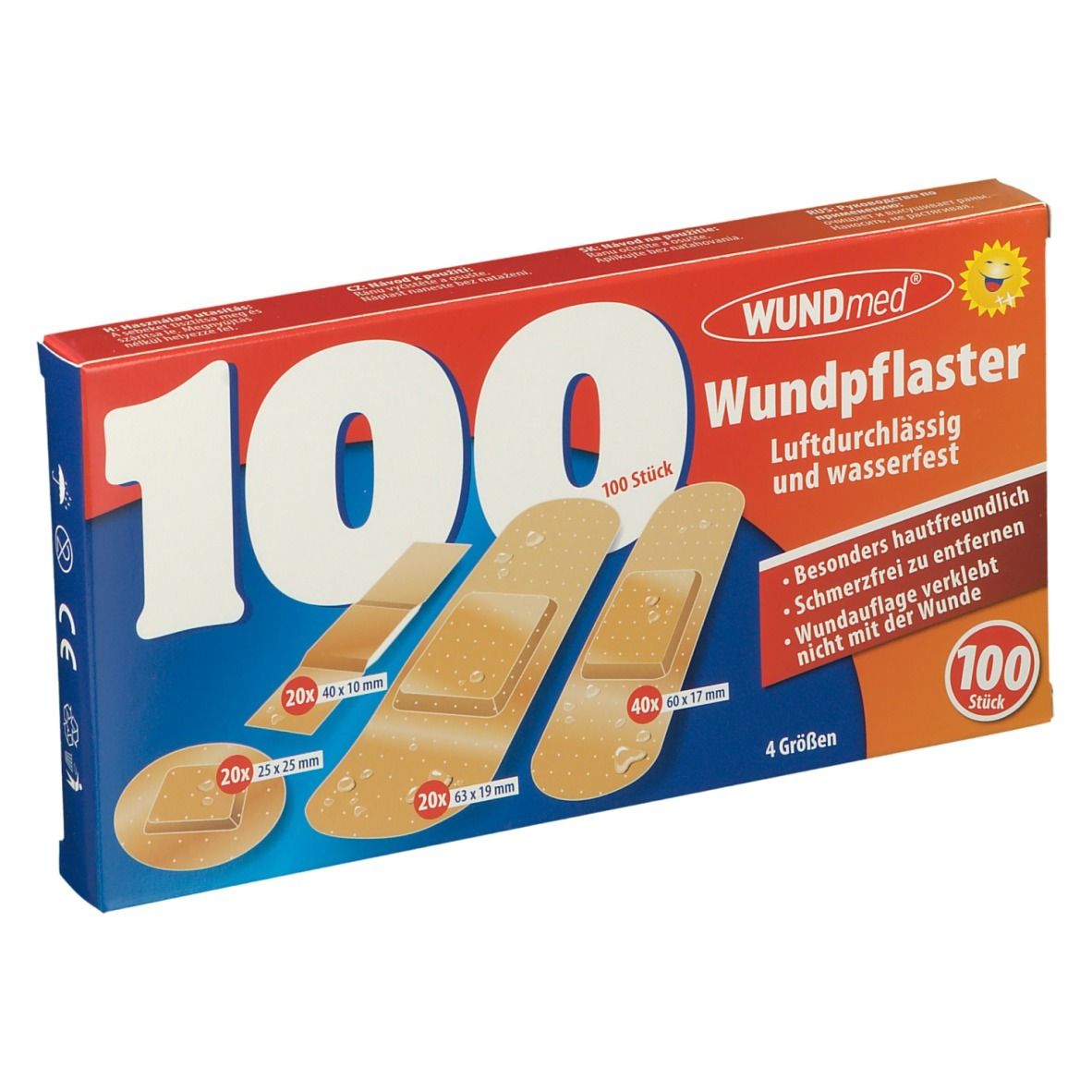 Boîte de 100 pansements. Différentes tailles sont représentées. Inscription: WUNDmed Wundpflaster, respirant et résistant à l'eau.