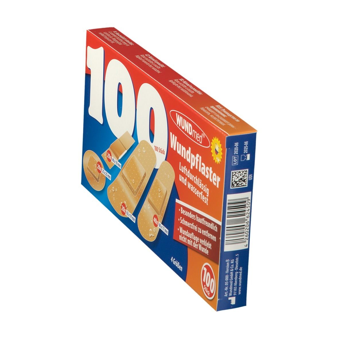Boîte inclinée avec 100 pansements. Inscription: WUNDmed Wundpflaster, respirant et résistant à l'eau. 4 tailles.
