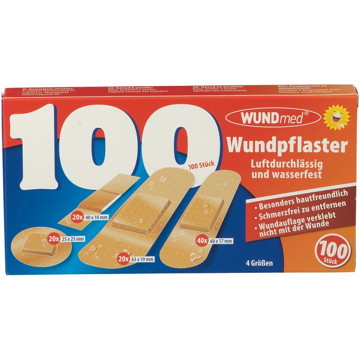 Boîte de 100 pansements. Différentes tailles sont représentées. Inscription: WUNDmed Wundpflaster, respirant et résistant à l'eau.