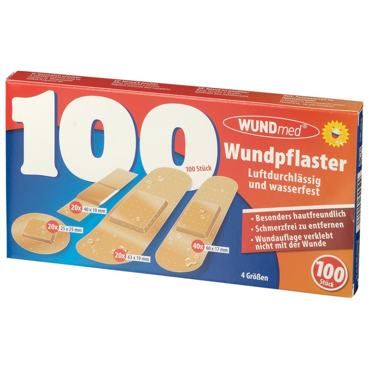 Boîte de 100 pansements. Différentes tailles sont représentées. Inscription: WUNDmed Wundpflaster, respirant et résistant à l'eau.