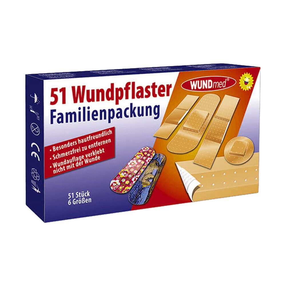 Boîte de 51 pansements WUNDmed, format familial, 6 tailles. Illustration du produit et marquage CE.