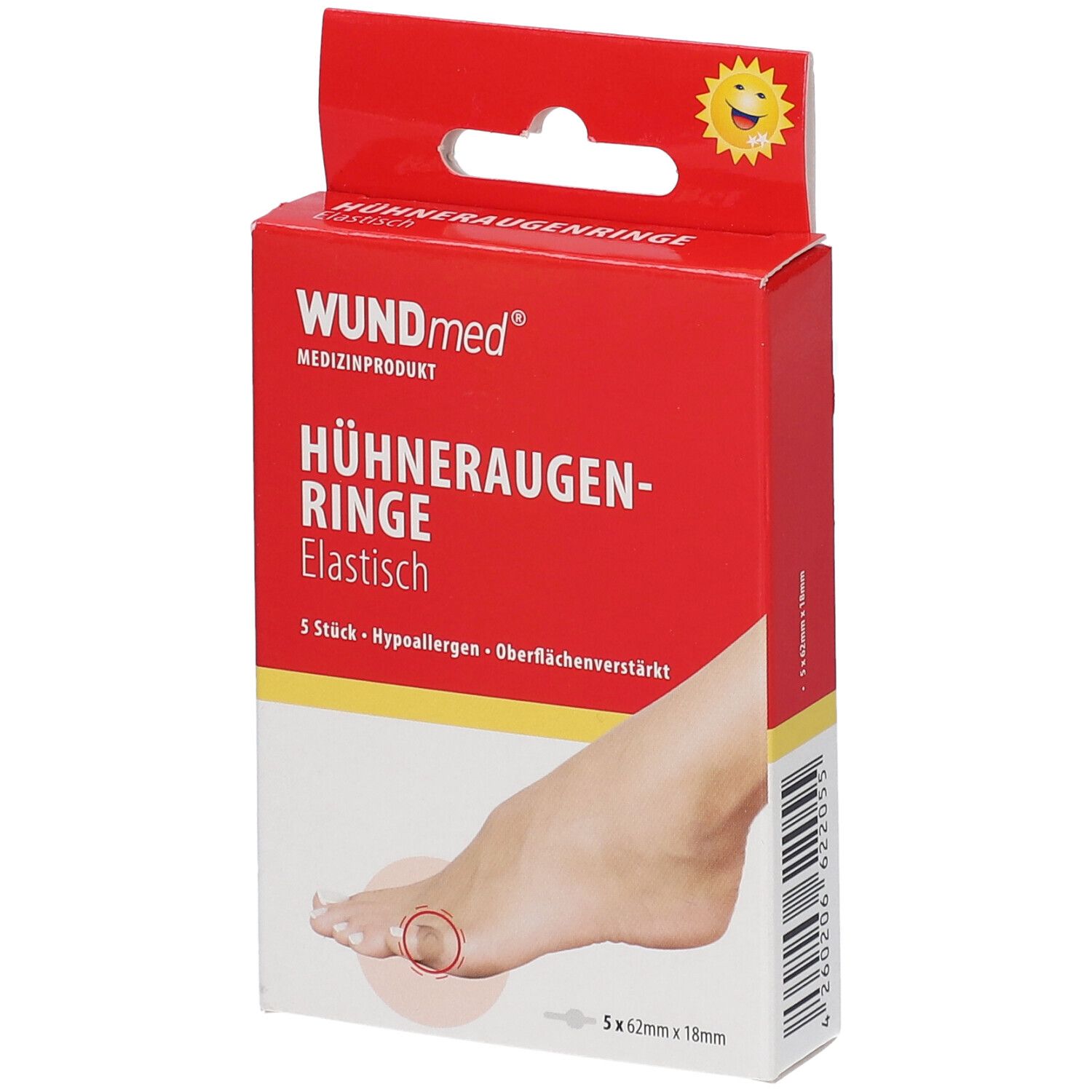 Boîte de WUNDmed Hühneraugenringe. Rouge, avec nom du produit, illustration de pied et indication de taille.