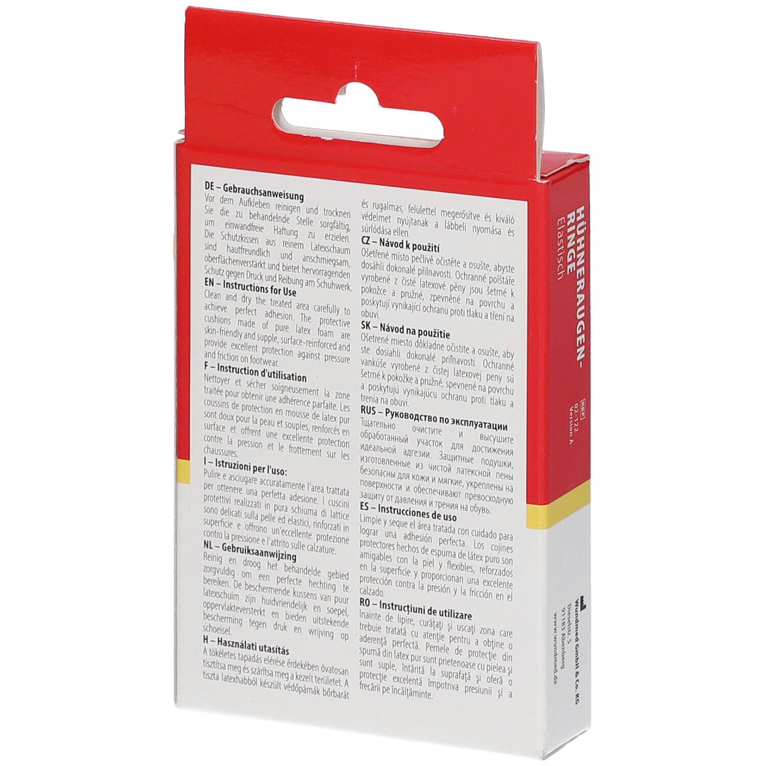 Dos de l'emballage WUNDmed Hühneraugenringe. Texte multilingue, adresse du fabricant et code-barres.