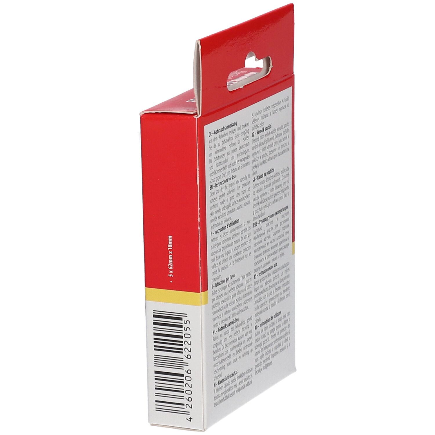 Vue latérale de l'emballage WUNDmed Hühneraugenringe. Code-barres et indication de taille.
