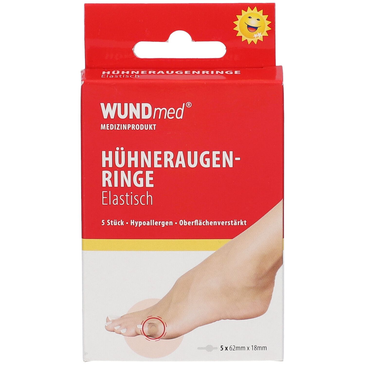 Emballage WUNDmed Hühneraugenringe. Boîte rouge avec nom du produit, illustration de pied et indication de taille.