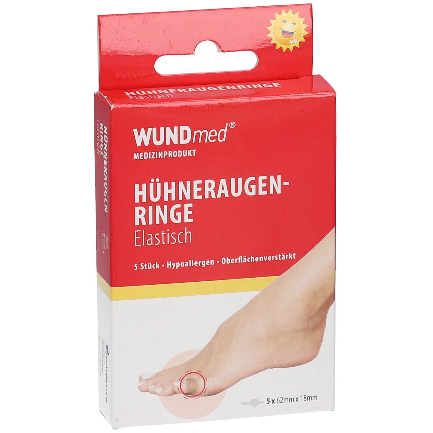 Emballage WUNDmed Hühneraugenringe. Boîte rouge avec nom du produit, illustration de pied et indication de taille.