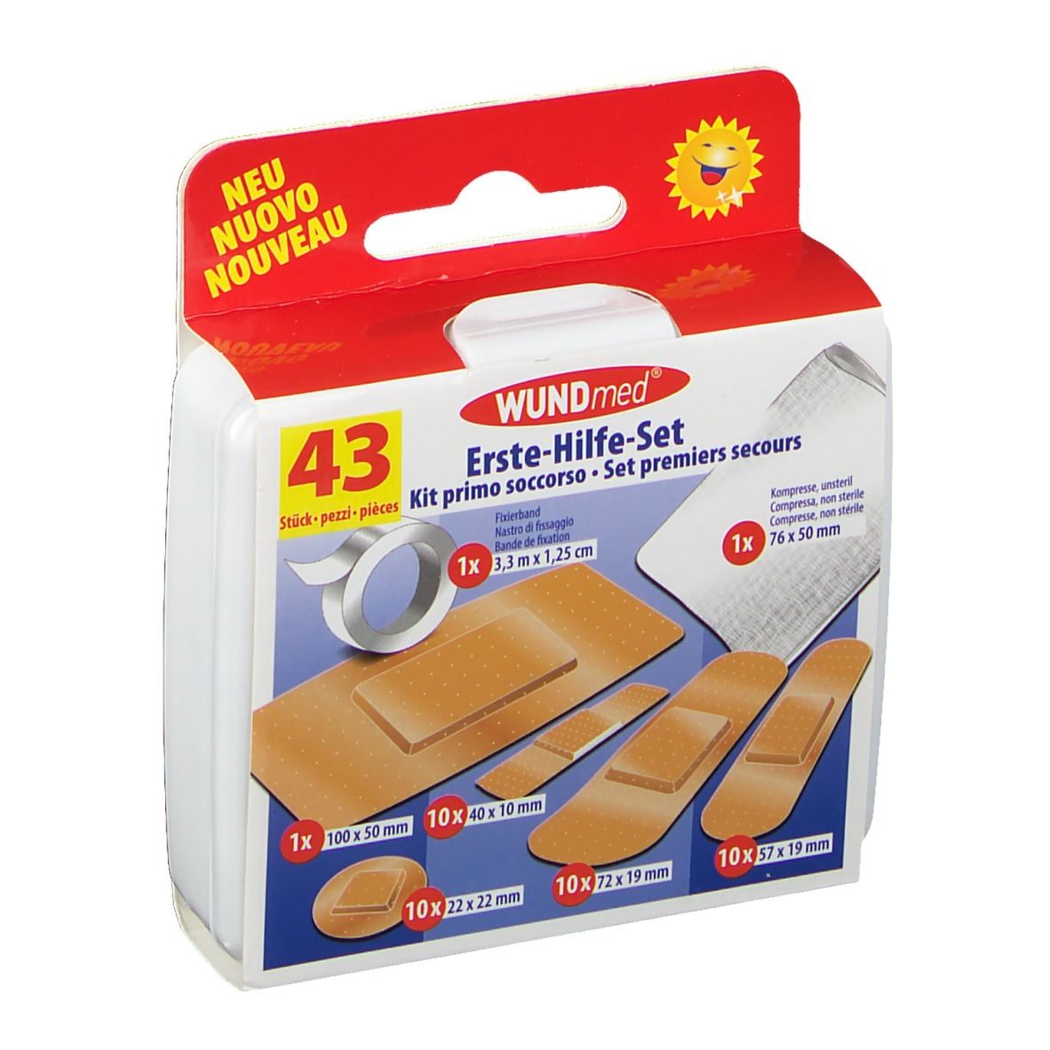 Trousse de premiers secours WUNDmed, 43 pièces. Contient pansements, compresses et bandages. Emballage avec informations.