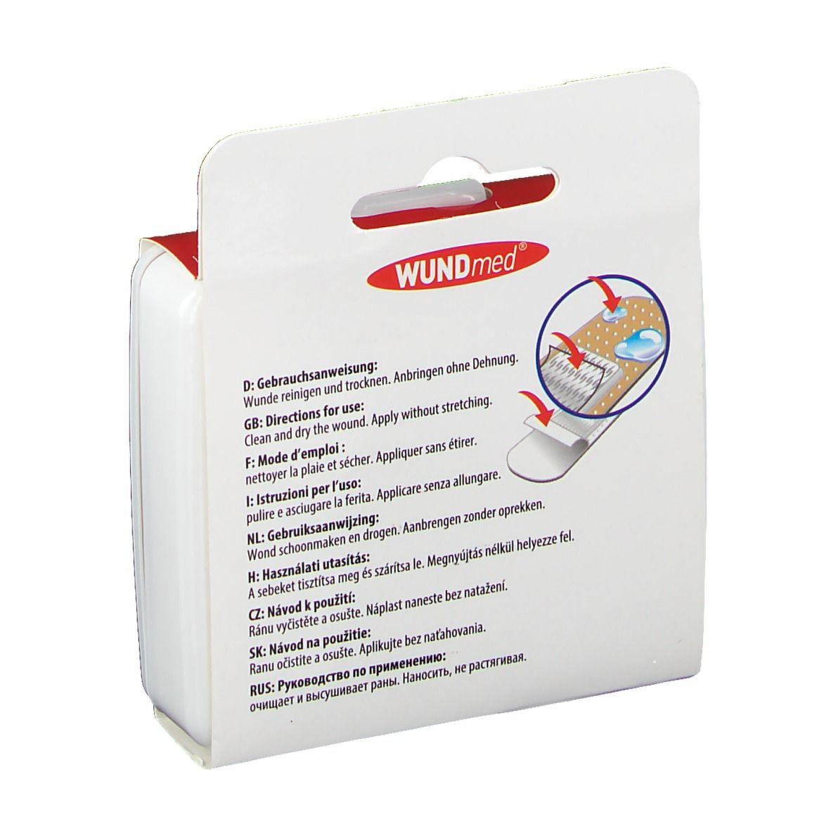 Dos de l'emballage de la trousse de premiers secours WUNDmed. Instructions en plusieurs langues. Illustrations d'utilisation.