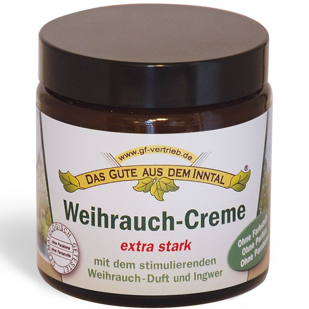 Crème brune en pot avec couvercle noir. Inscription: Weihrauch-Creme extra stark.