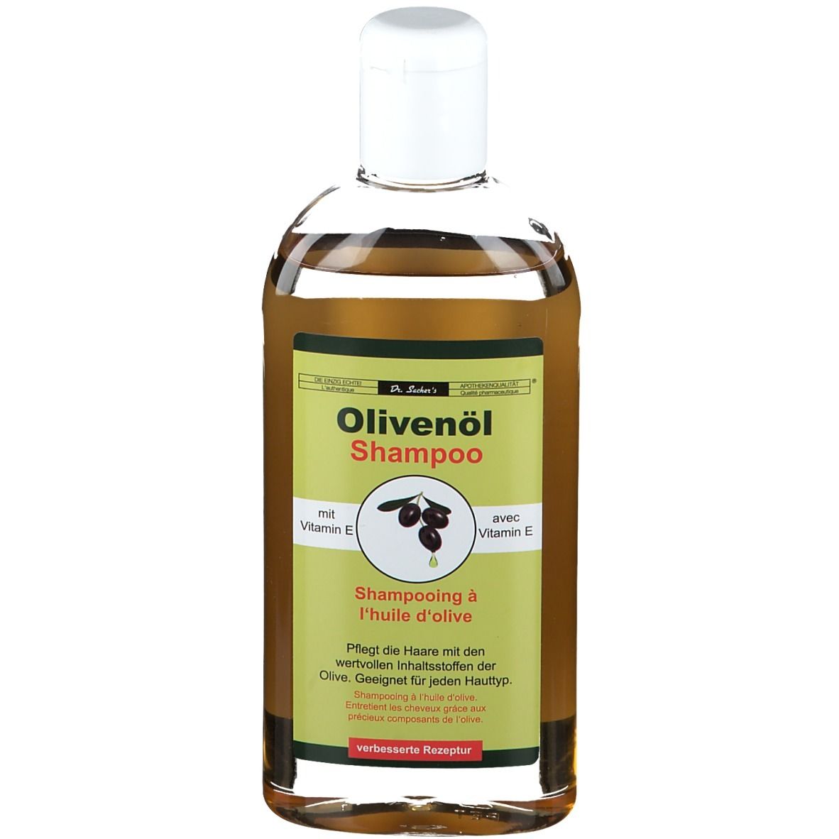 Flacon de shampooing à l'huile d'olive. Bouchon blanc, étiquette marron avec nom du produit et illustration d'olives. Avec vitamine E.