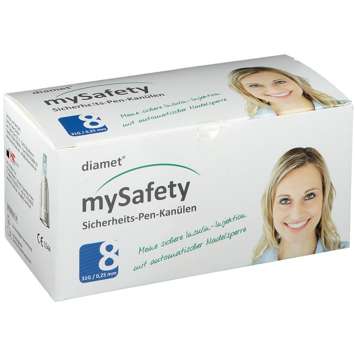 Boîte blanche 'diamet mySafety Sicherheits-Pen-Kanülen'. Contient 8 canules. Image d'une femme souriante.