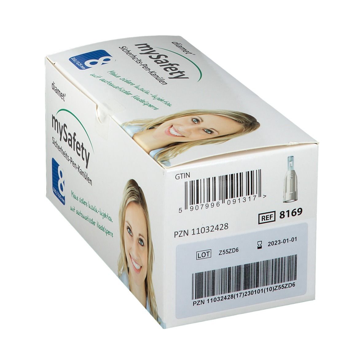 Boîte 'diamet mySafety Sicherheits-Pen-Kanülen'. Dos avec code-barres, réf. 8169 et date d'expiration 2023-01-01.
