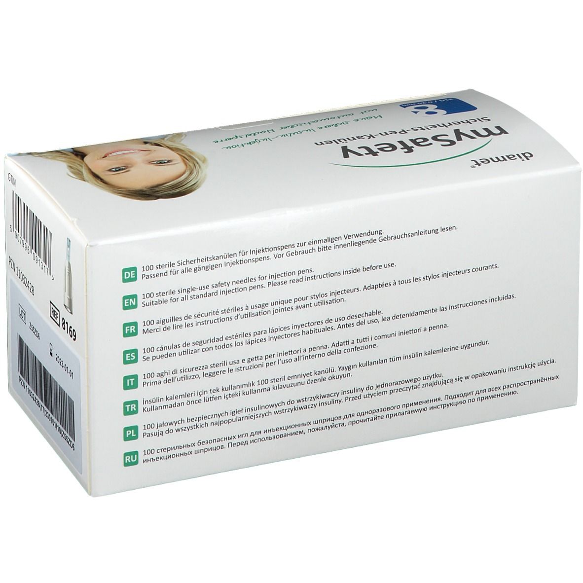 Boîte 'diamet mySafety Sicherheits-Pen-Kanülen'. Texte en allemand, anglais, français, italien, turc, polonais, russe.