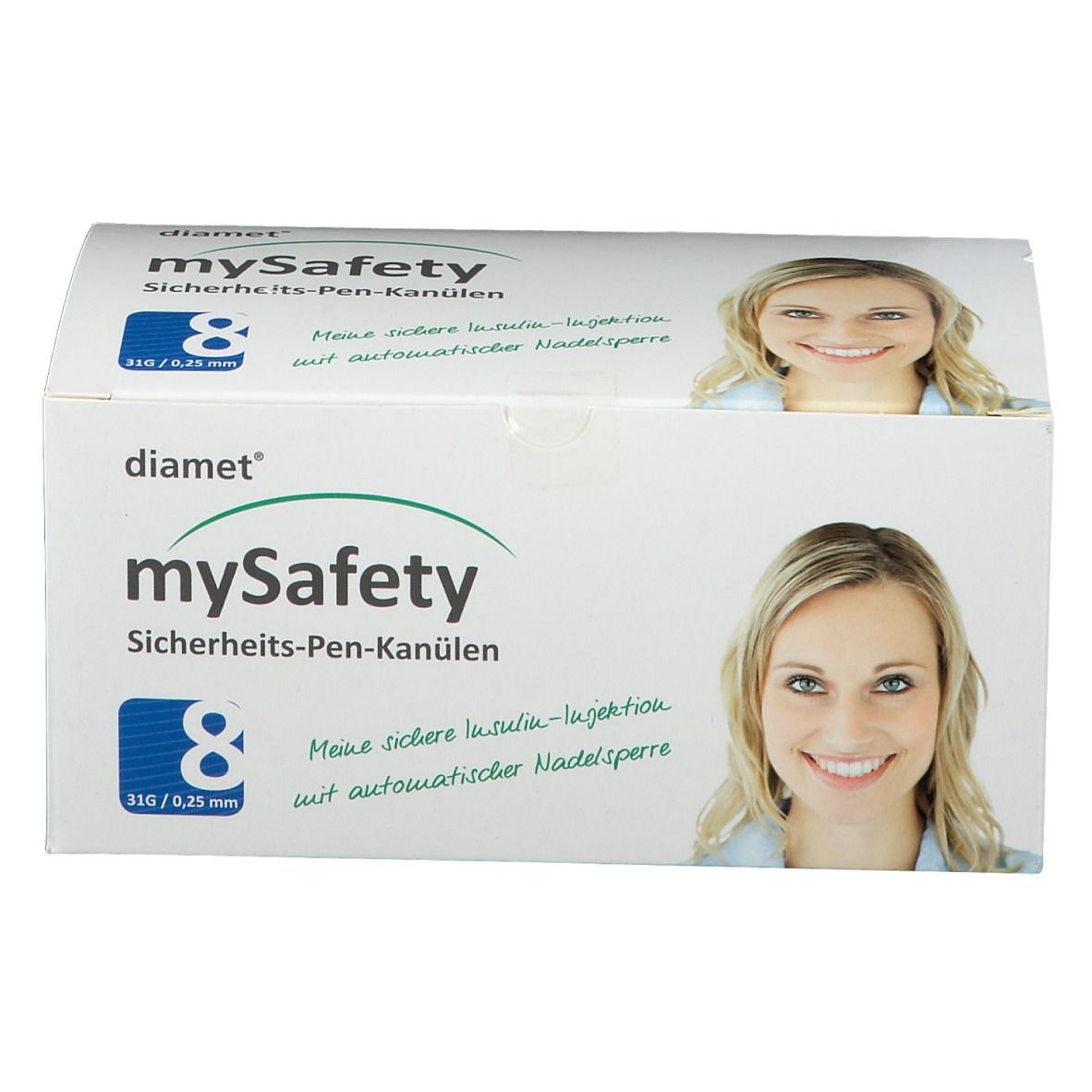 Boîte blanche 'diamet mySafety Sicherheits-Pen-Kanülen'. Contient 8 canules. Image d'une femme.