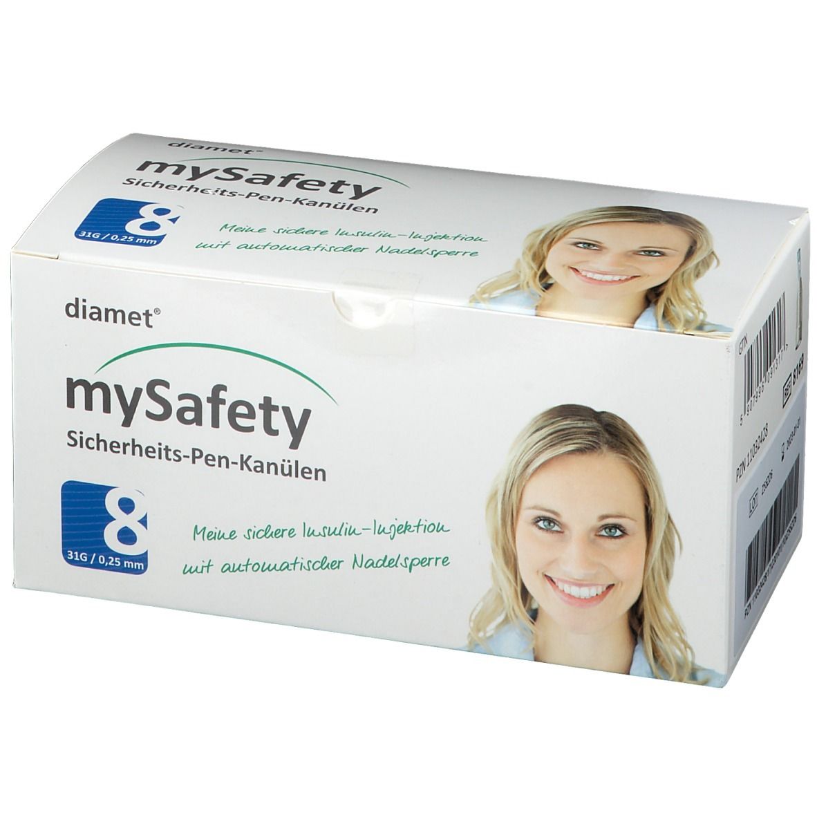 Boîte blanche 'diamet mySafety Sicherheits-Pen-Kanülen'. Contient 8 canules. Image d'une femme.