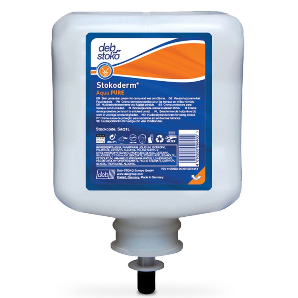 Stokoderm Aqua PURE. Bouteille blanche avec étiquette bleue. Nom du produit et logo visibles. Sortie de distributeur en bas.