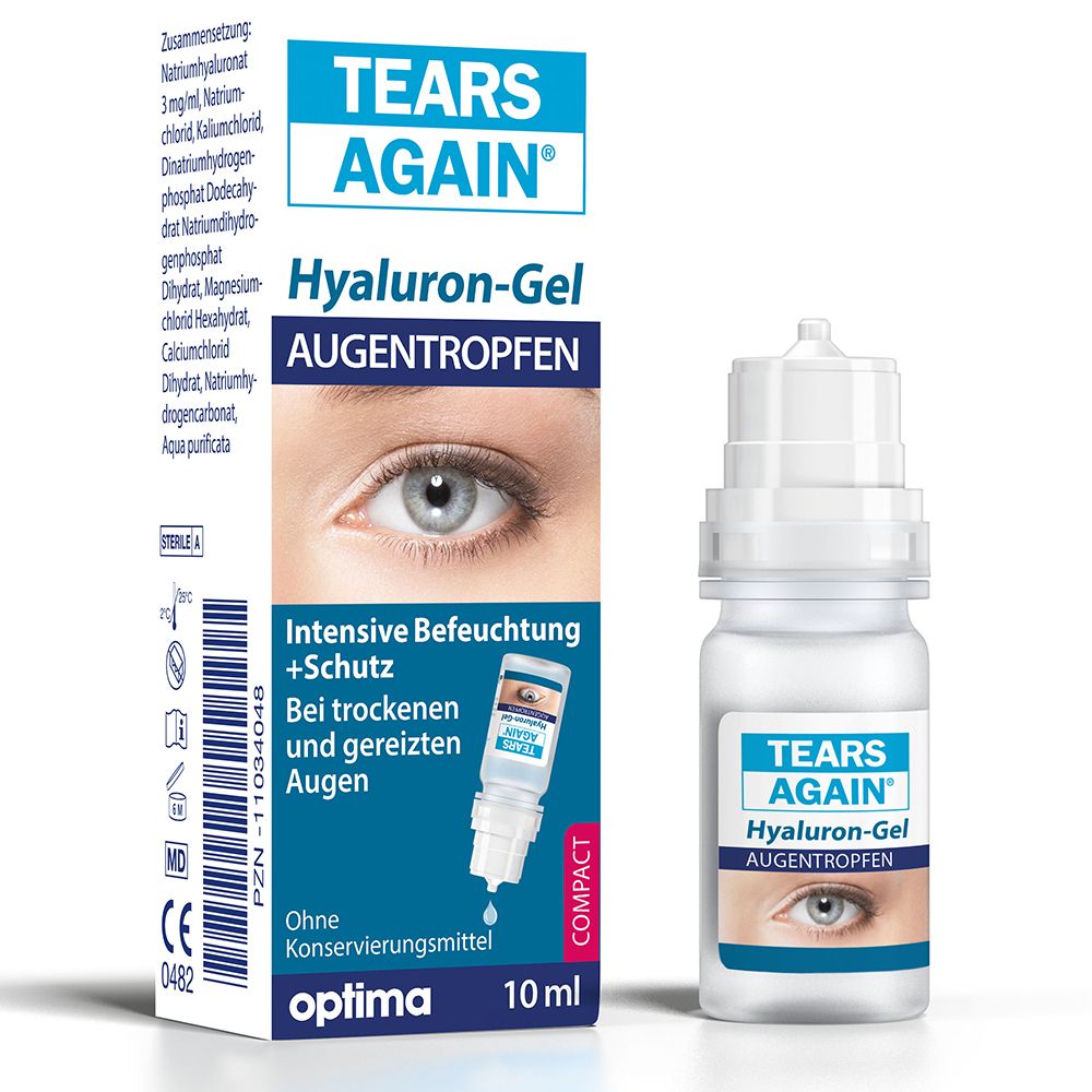 Flacon et boîte de gouttes ophtalmiques. Inscription: TEARS AGAIN Hyaluron-Gel Augentropfen. 10 ml. Logo Optima. Marquage CE.