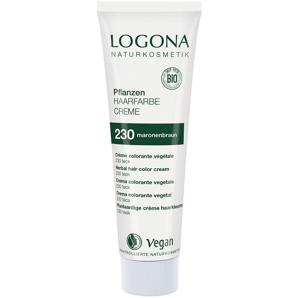 Tube de crème colorante, marque LOGONA, teinte 230 Marron marron. Label Vegan et certification Bio.