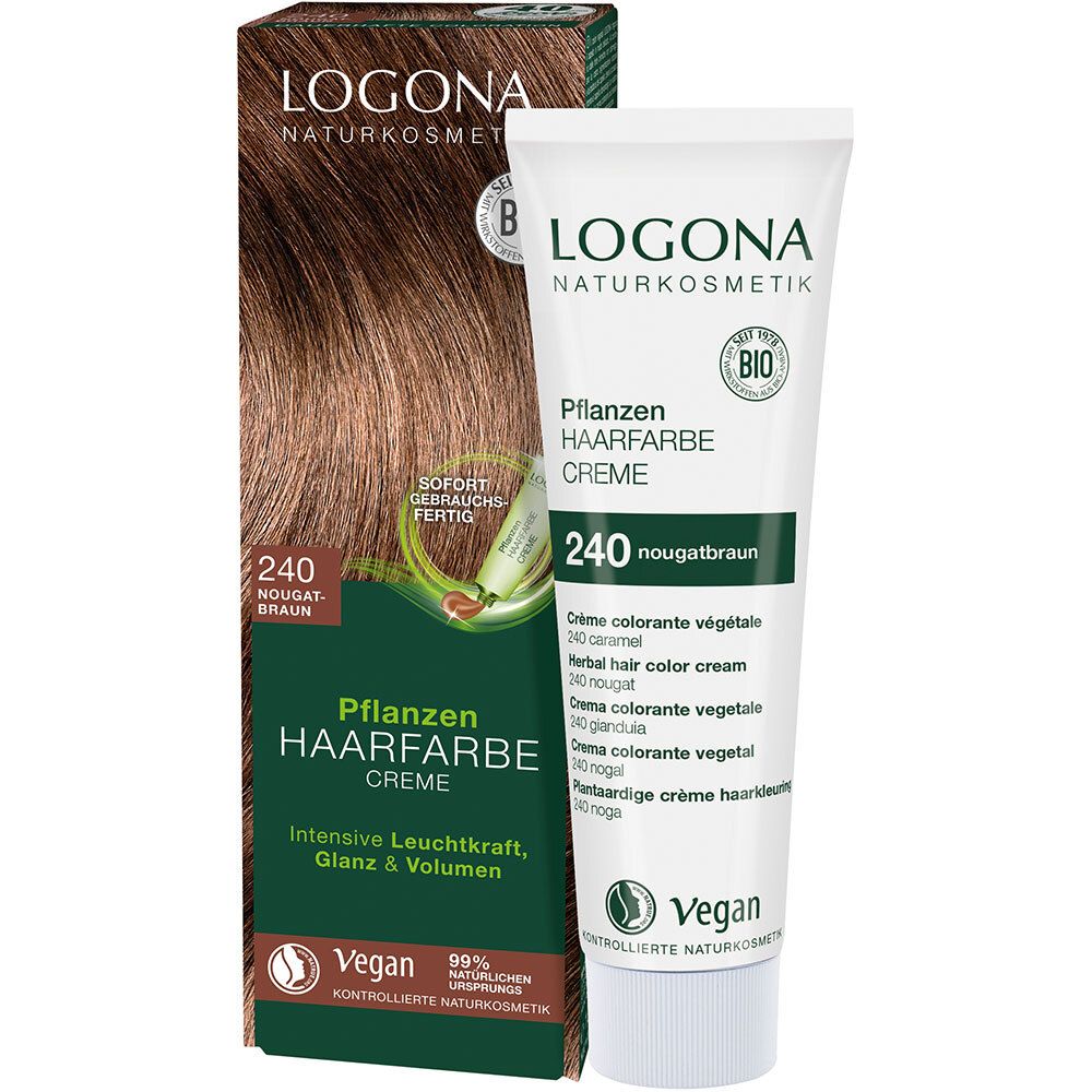 LOGONA Crème colorante végétale 240 Nougatbraun. Tube et boîte. Vegan. Label bio. Crème colorante.