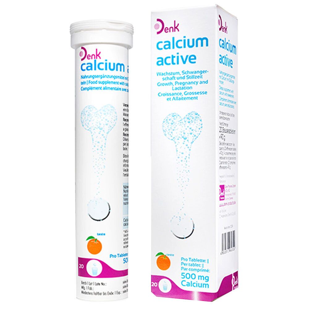 Deux emballages de Denk Calcium Active. Un tube et une boîte. Inscription : Croissance, grossesse et allaitement. 500 mg de calcium.