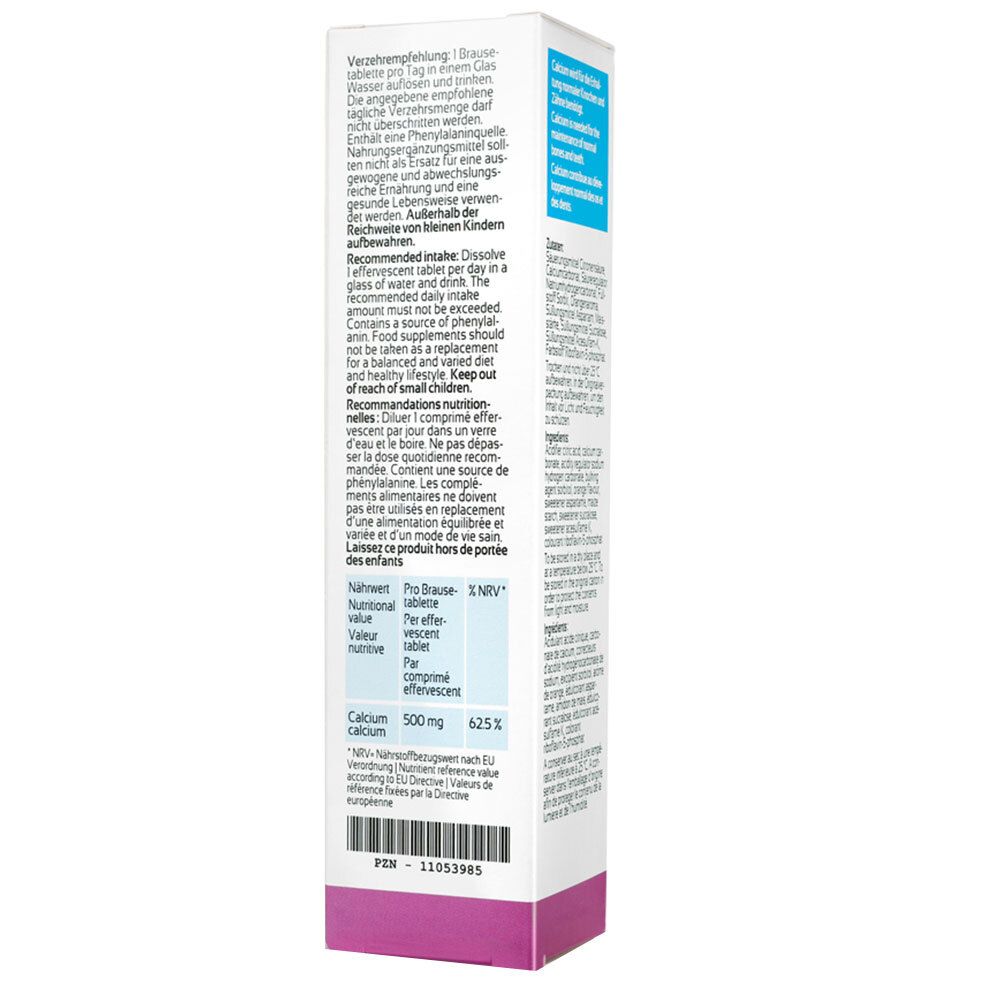 Dos de la boîte de Calcium Active. Contient des informations sur les ingrédients, le dosage et les valeurs nutritionnelles. 500 mg de calcium.