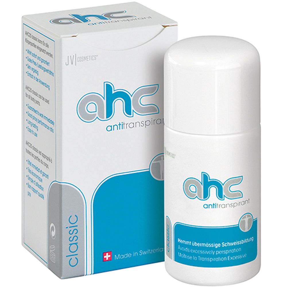 ahc antitranspirant blanc avec emballage. Bouteille roll-on et boîte avec logo et texte. Fabriqué en Suisse.