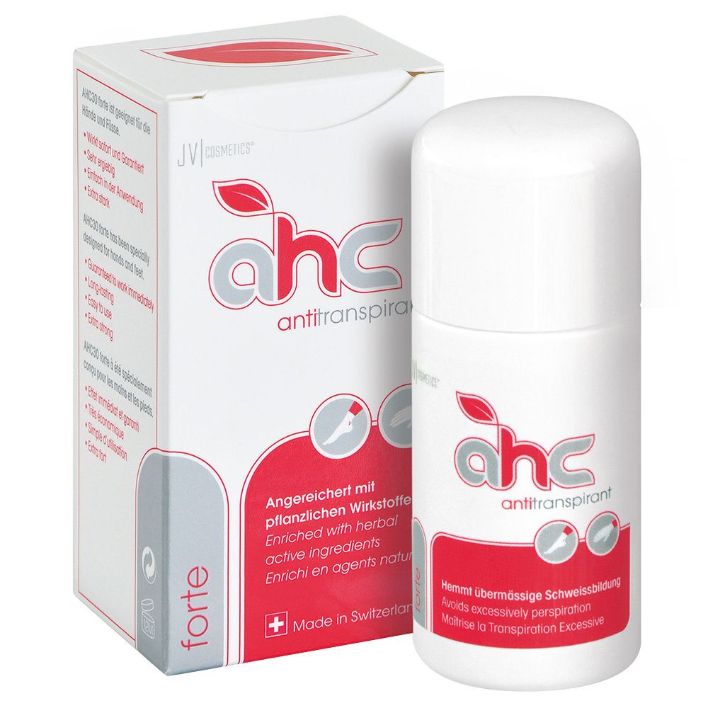 Roll-on antitranspirant blanc avec lettrage rouge et gris. Avec emballage. Marque : ahc.